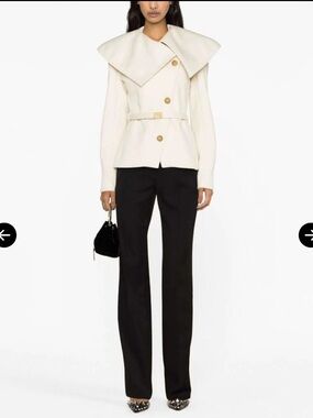Balmain Cream Double-Breasted Short Coat with Statement Collar